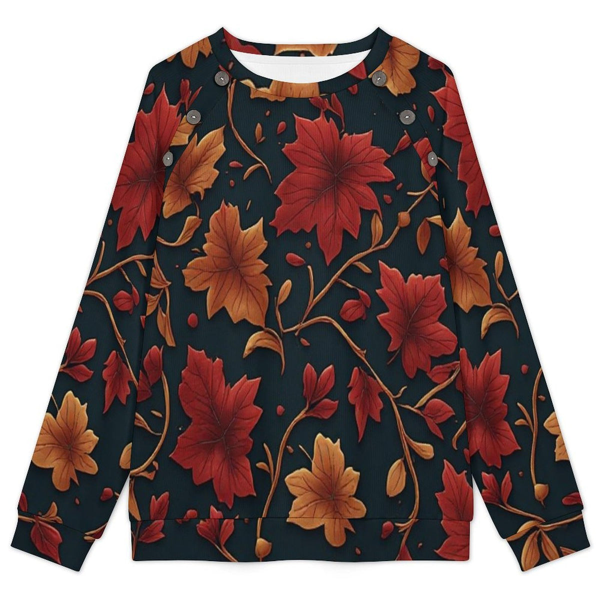 Women’s Fall Floral Blouse, Autumn Leaf Long Sleeve Top, Navy Rust Orange Shirt, Casual Boho Fall Top, Women’s Statement Blouse