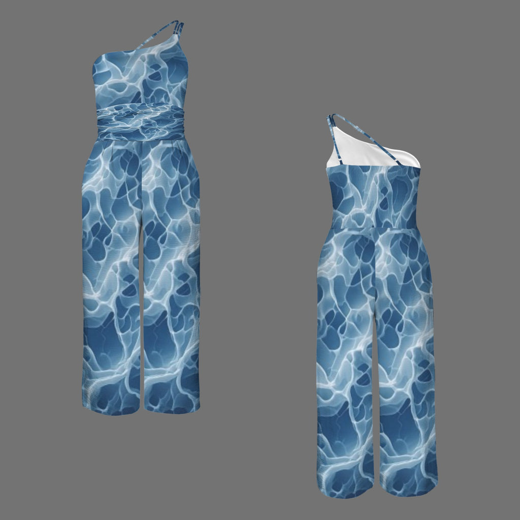Women's Light Blue Water Print Jumpsuit | Strapless Wide Leg Jumper | Elegant Resort Vacation Outfit | Iyalla Designs