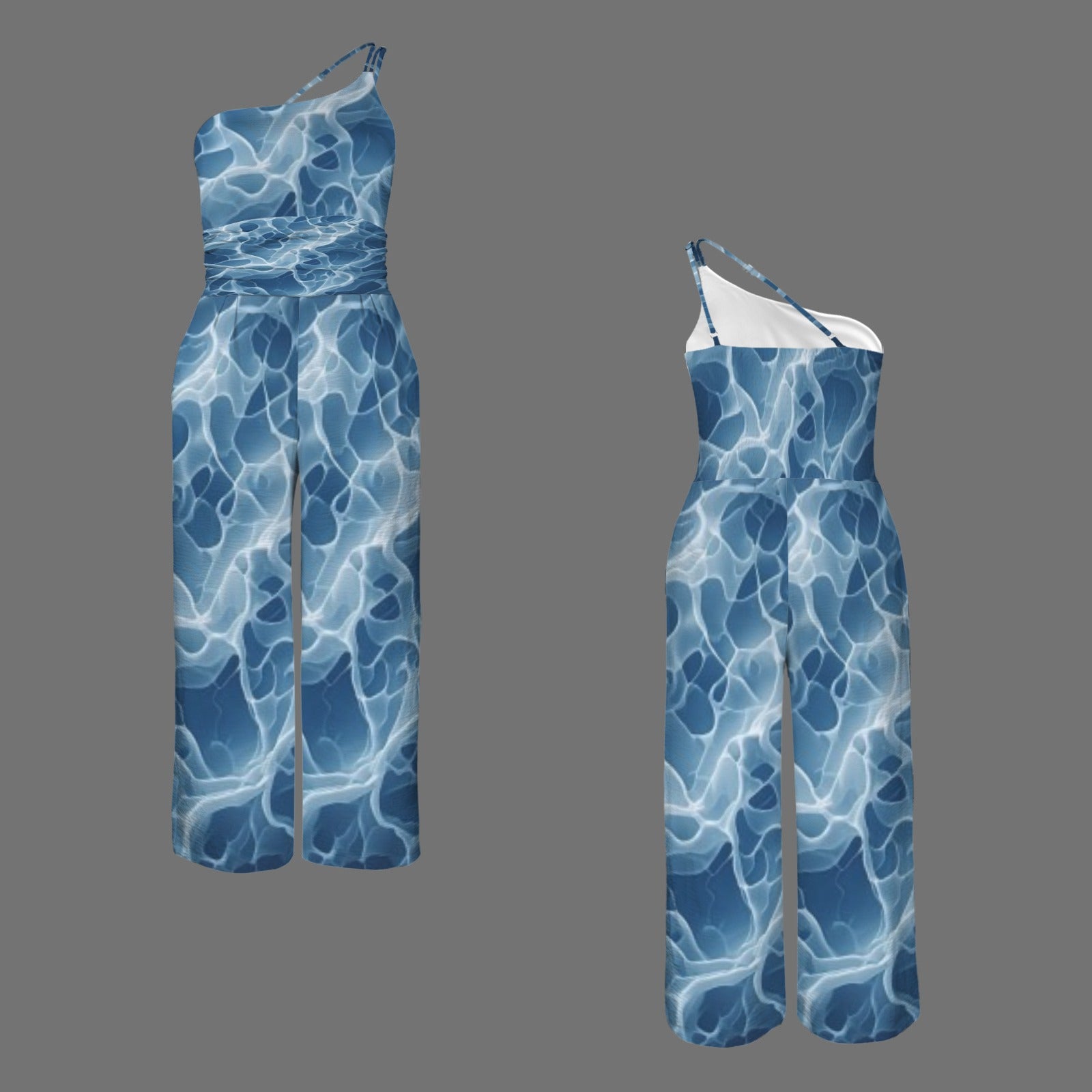 Women's Light Blue Water Print Jumpsuit | Strapless Wide Leg Jumper | Elegant Resort Vacation Outfit | Iyalla Designs