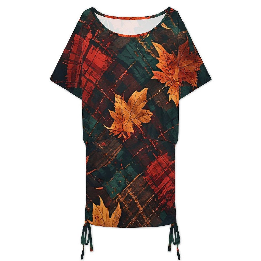 Women’s Fall Leaf Mini Dress, Ruched Autumn Print Dress, Plaid Maple Leaf Bodycon Dress, Long Sleeve Fall Party Dress for Women