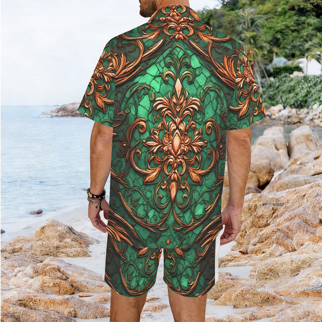 Men's Green Baroque Shirt and Shorts Set | Luxury Resort Matching Set | Tropical Vacation Outfit | Emerald Gold Summer Co-Ord | Black Excellence Style