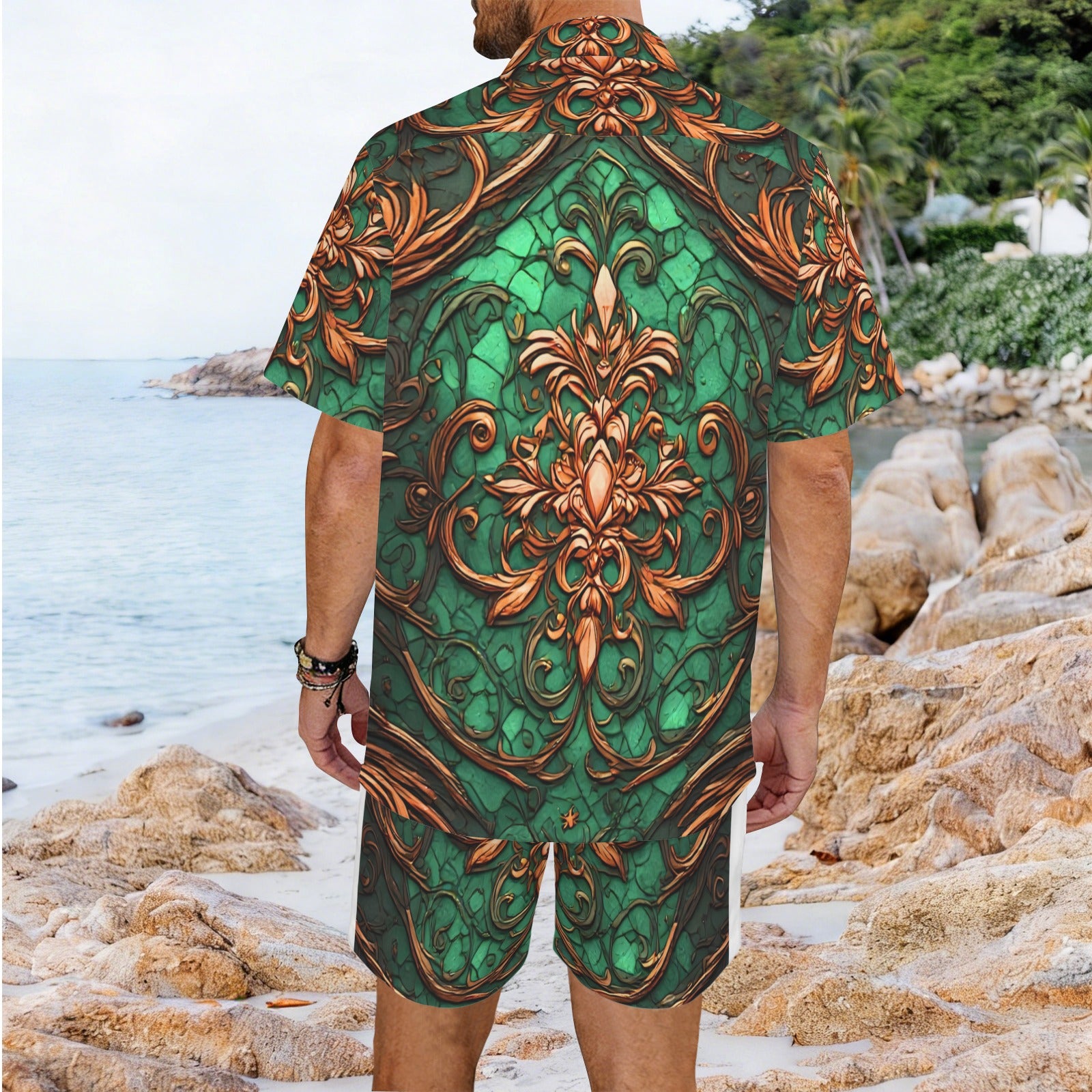 Men's Green Baroque Shirt and Shorts Set | Luxury Resort Matching Set | Tropical Vacation Outfit | Emerald Gold Summer Co-Ord | Black Excellence Style