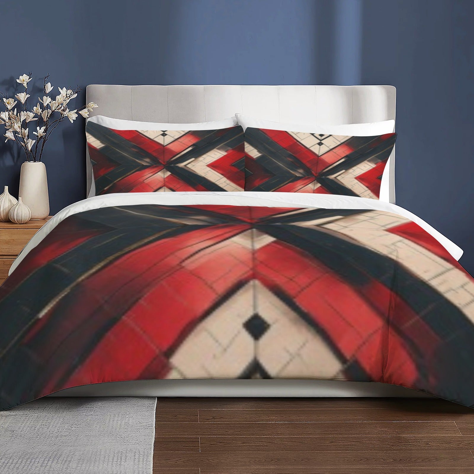 Luxury Geometric Duvet Cover Set | Modern Red Black Beige Bedding | Rustic Contemporary Bedroom Decor | King Queen Twin Bedding | Iyalla Designs