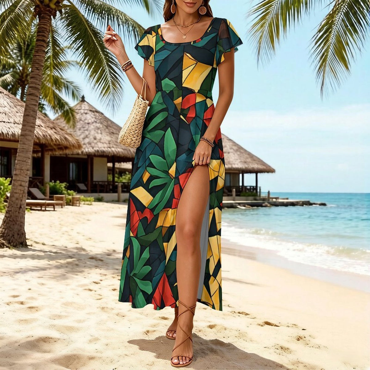 Tropical Print Maxi Dress with Slit, Colorful African Inspired Resort Dress, Green Gold Red Vacation Dress, Women