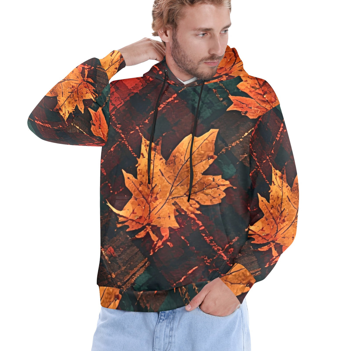 Men’s Fall Leaf Hoodie, Autumn Print Pullover Sweatshirt, Dark Green Orange Hoodie, Artistic Fall Streetwear, Men’s Statement Hoodie