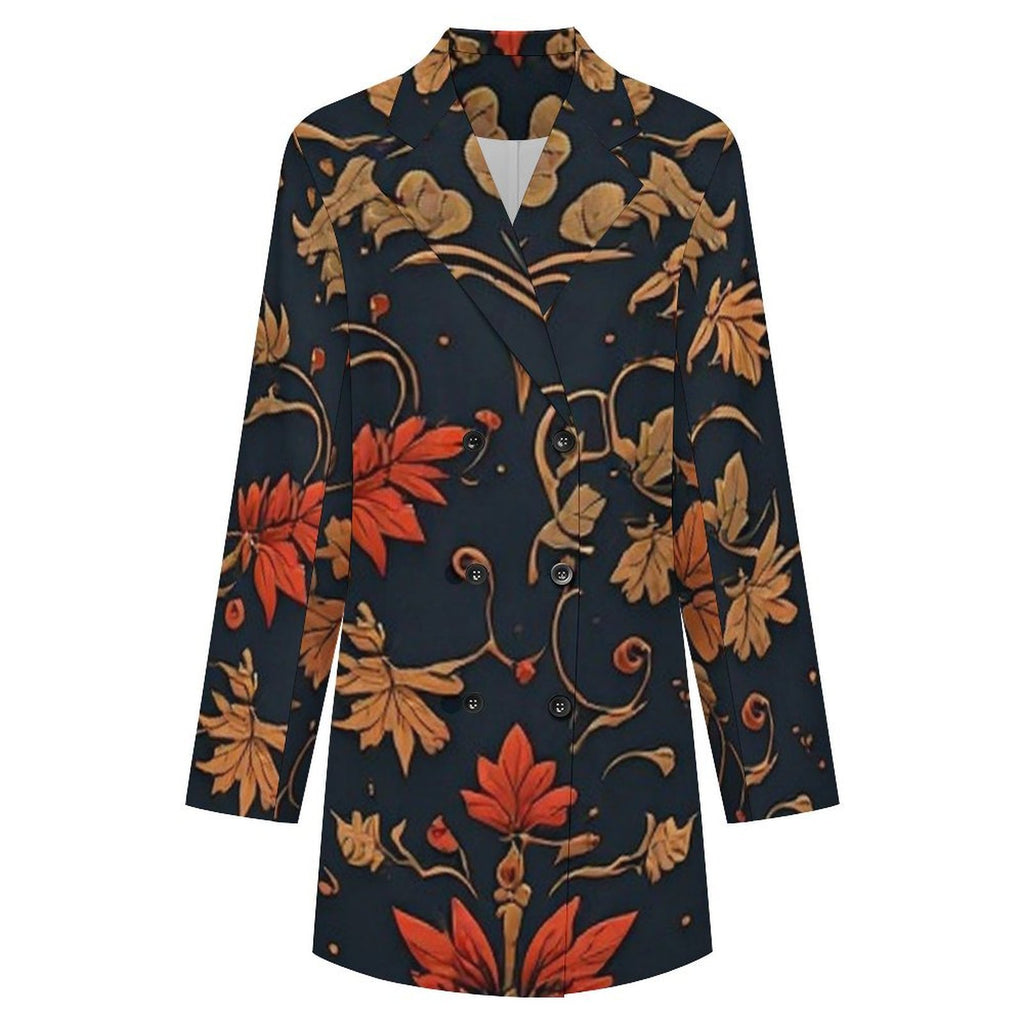 Women’s Floral Blazer Dress, Navy Gold Double Breasted Mini Dress, Elegant Autumn Jacket Dress, Statement Fall Dress for Women  13 TAGS