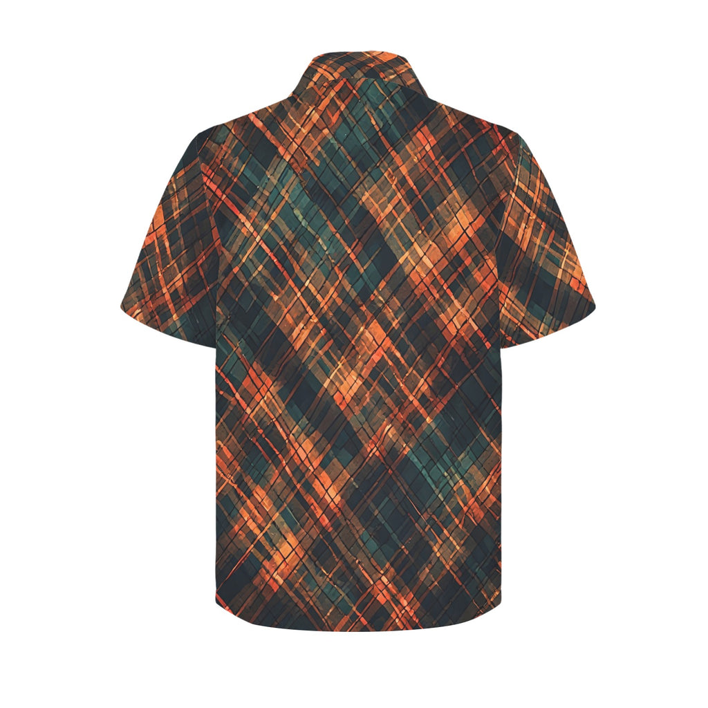 Men’s Abstract Print Button Up Shirt, Teal Burnt Orange Short Sleeve Shirt, Luxury Resort Shirt, Artistic Geometric Vacation Shirt for Men