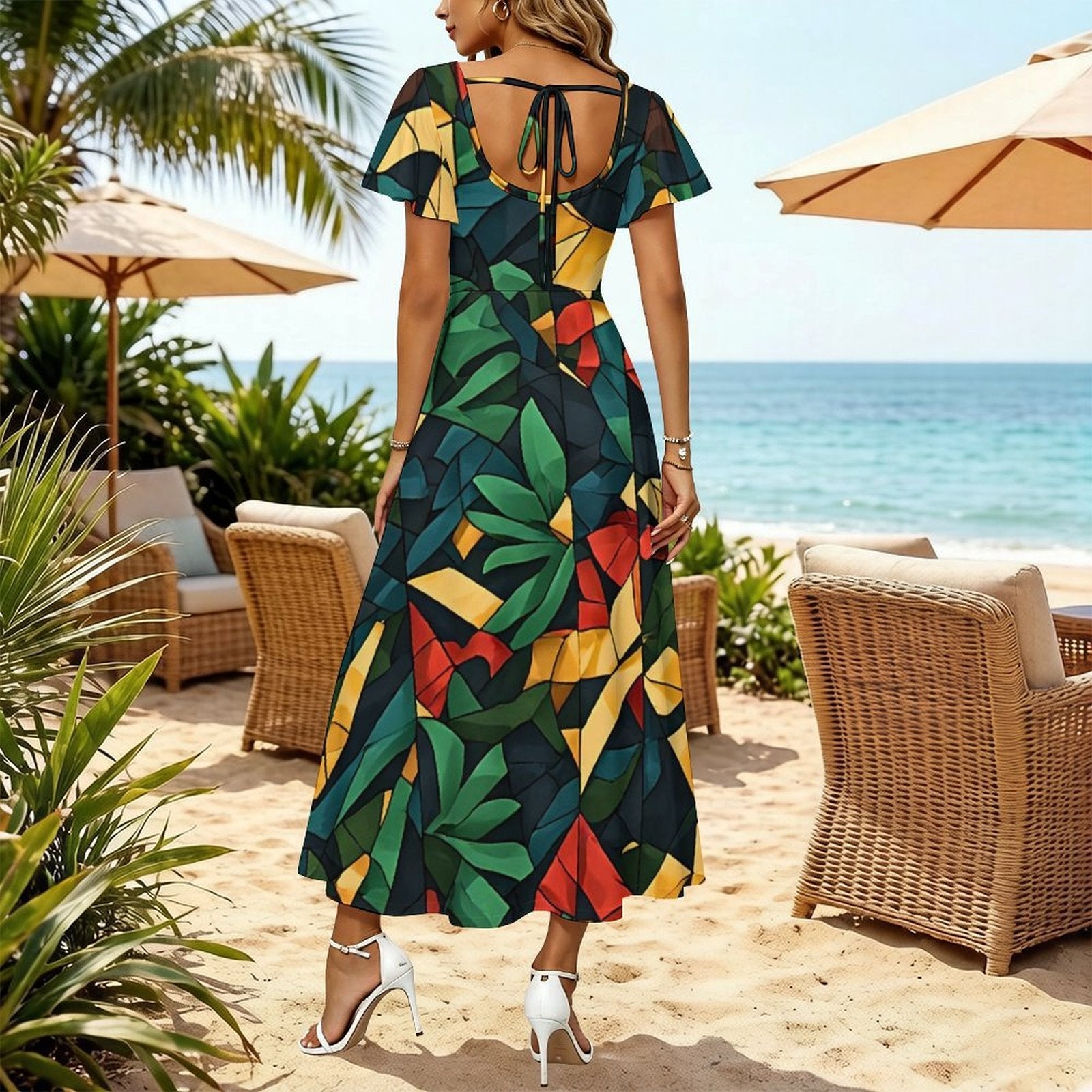 Tropical Print Maxi Dress with Slit, Colorful African Inspired Resort Dress, Green Gold Red Vacation Dress, Women