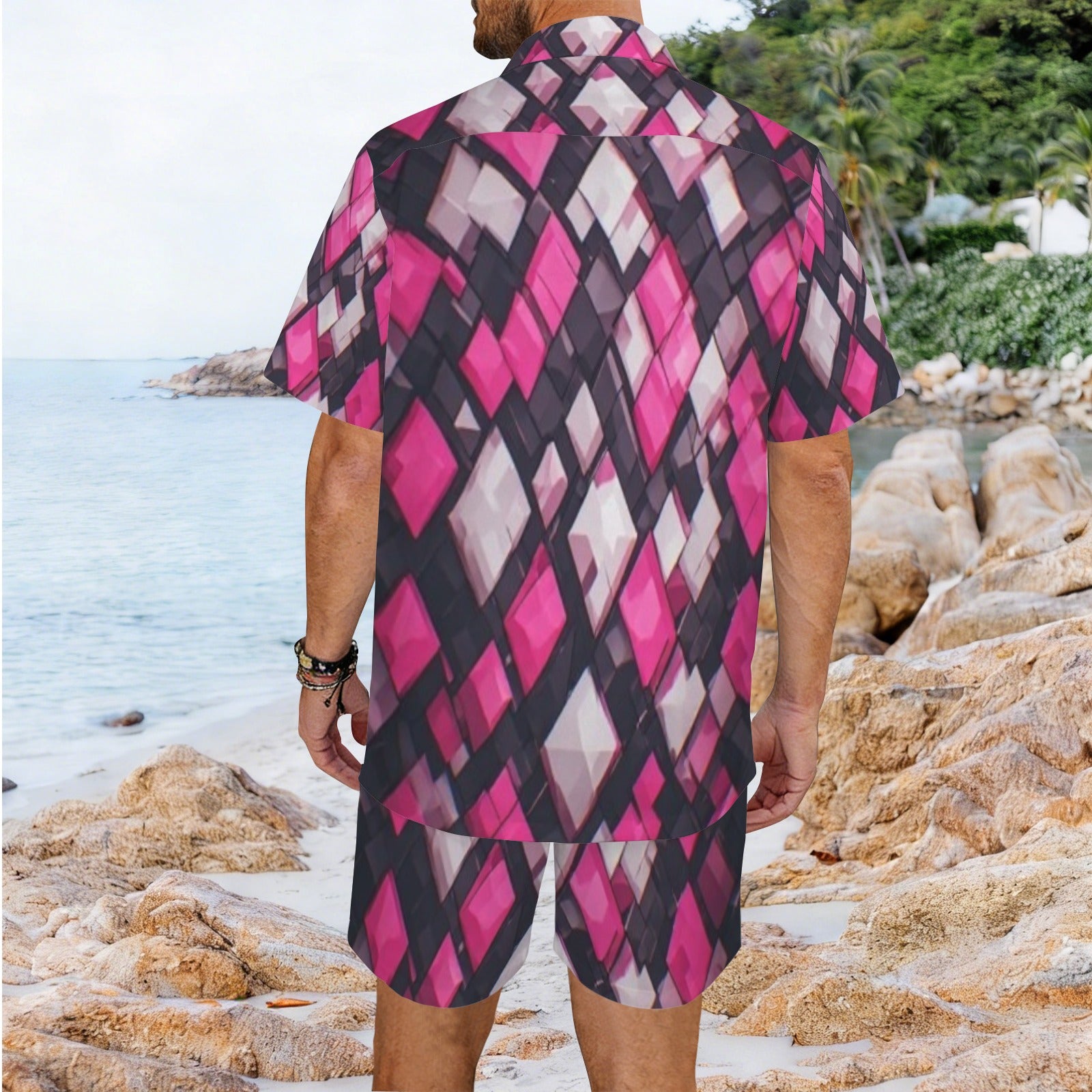 Men's Pink Geometric Matching Set, Tropical Vacation Outfit for Men, Summer Beach Shirt and Shorts Set, Resort Wear Co Ord Set, Cruise Outfit