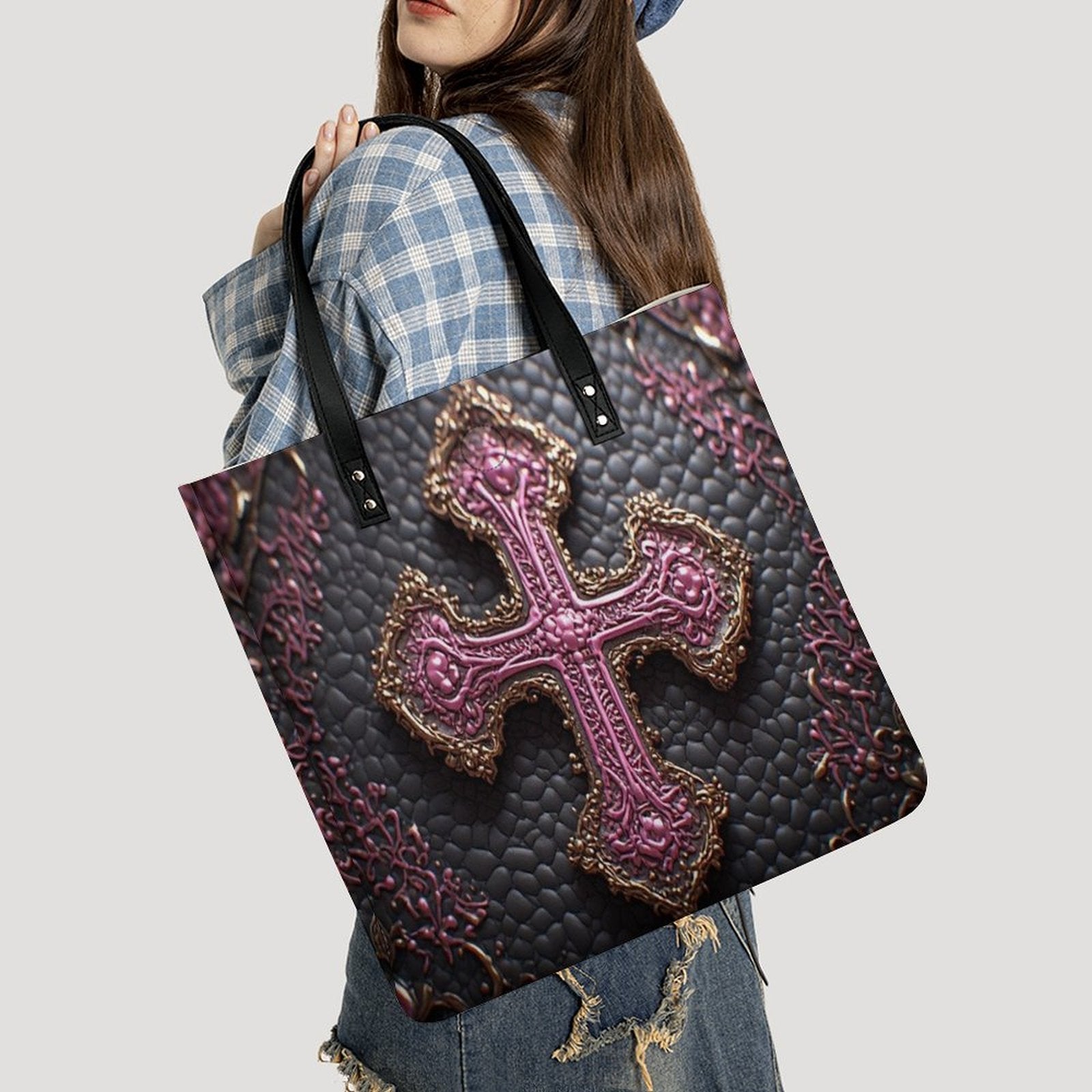Kerri Luxury Cross Tote Bag | Black Pink & Gold Statement Handbag | Elegant Christian Faith Shoulder Bag | Iyalla Designs