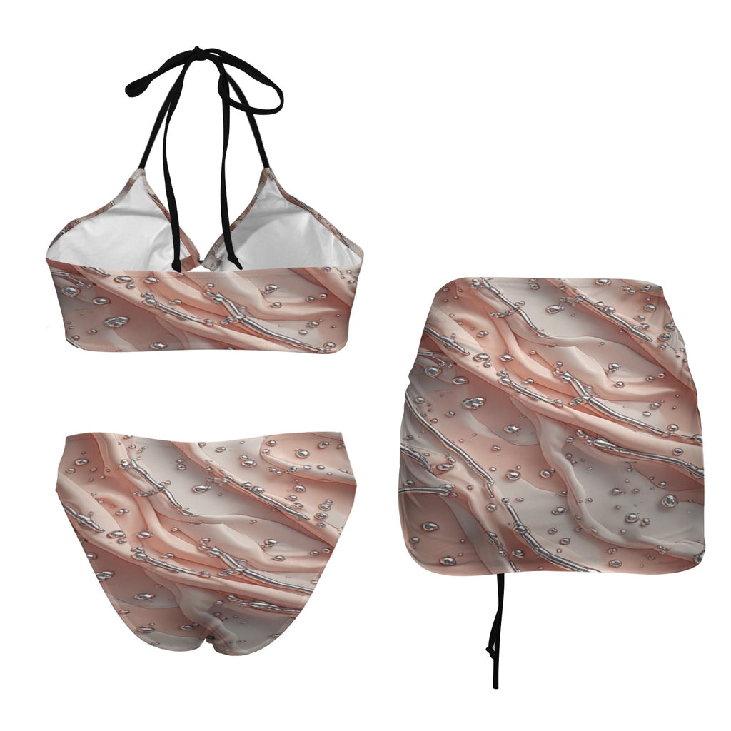 peach and silver 3 piece swimsuit Drawstring Halterneck Three-Piece Swimsuit Skirt