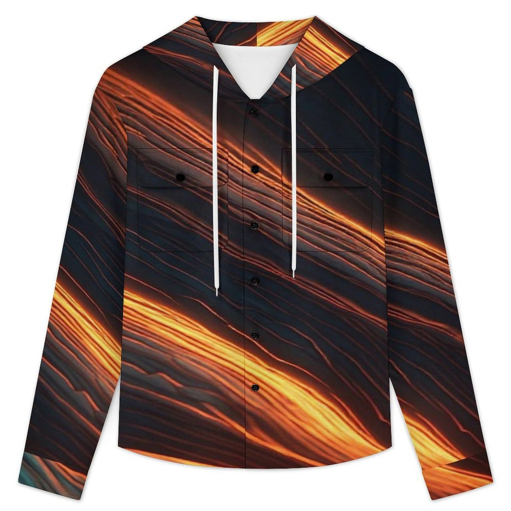 Men’s Abstract Hooded Jacket, Black Gold Orange Statement Jacket, Artistic Fall Shirt Jacket, Luxury Streetwear Jacket for Men