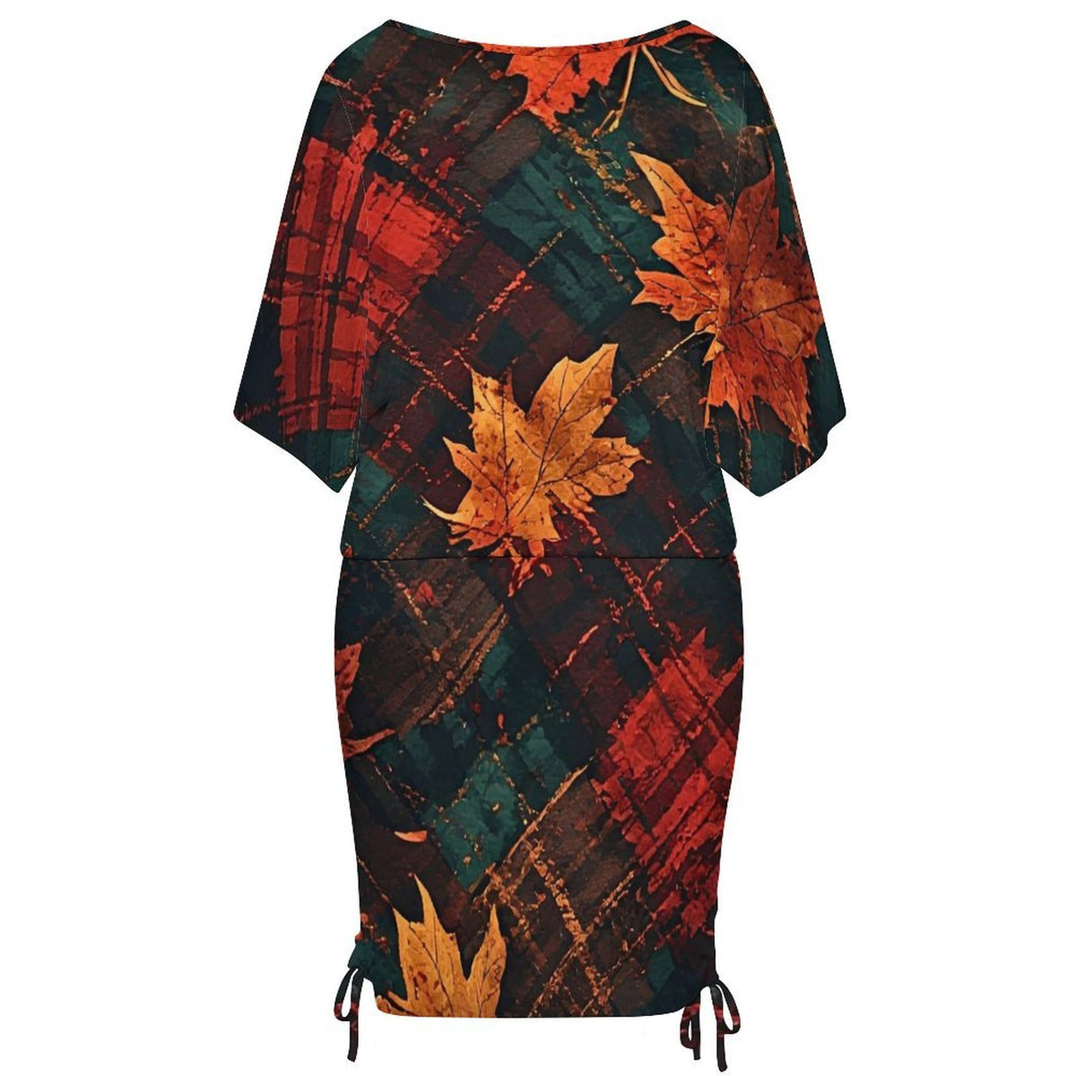 Women’s Fall Leaf Mini Dress, Ruched Autumn Print Dress, Plaid Maple Leaf Bodycon Dress, Long Sleeve Fall Party Dress for Women