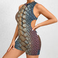 Women's Luxury Scale Print Romper | Sleeveless Zip Front One Piece | Blue & Taupe Resort Outfit | Statement Summer Playsuit
