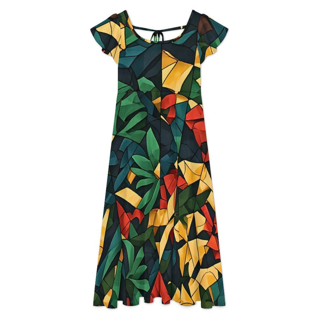 Tropical Print Maxi Dress with Slit, Colorful African Inspired Resort Dress, Green Gold Red Vacation Dress, Women