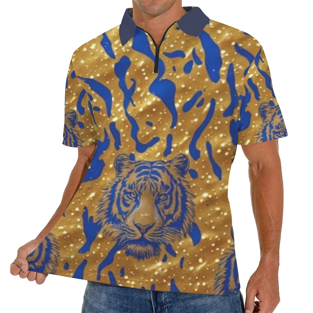 Men's Blue Gold Tiger Polo Shirt | Luxury African Print Golf Shirt | Regal Tiger Graphic Polo for Men | Casual Resort Wear | Statement Streetwear