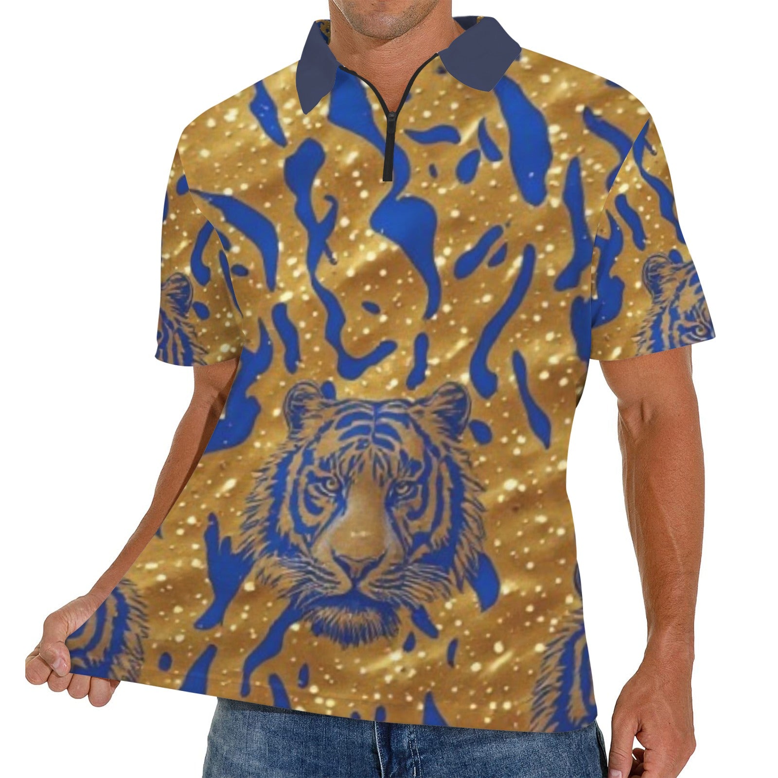 Men's Blue Gold Tiger Polo Shirt | Luxury African Print Golf Shirt | Regal Tiger Graphic Polo for Men | Casual Resort Wear | Statement Streetwear