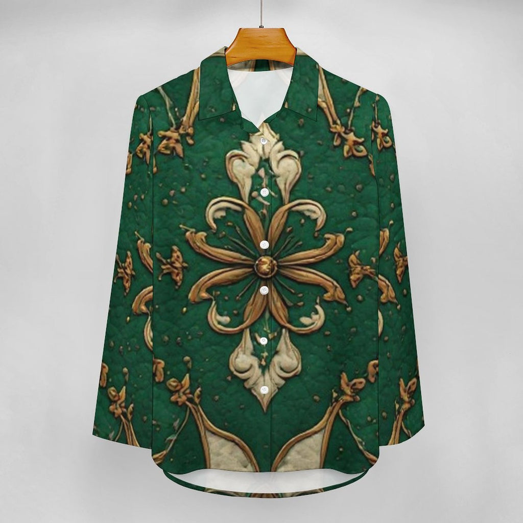 Emerald Luxe Ornamental Blouse | Elegant Women's Button Down Shirt | Luxury Boho Fashion Top | Statement Green Blouse | Iyalla Designs