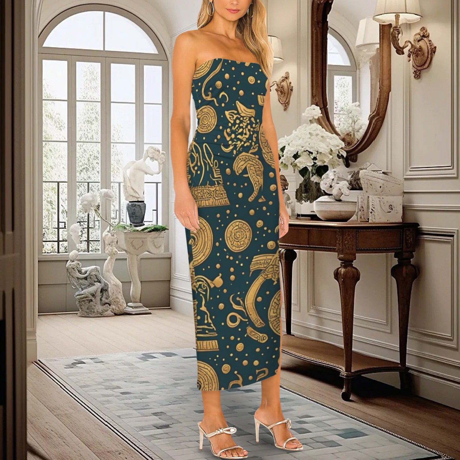 African Print Strapless Maxi Dress | Green Gold Tribal Evening Dress | Luxury Afrocentric Resort Wear | Elegant Summer Dress