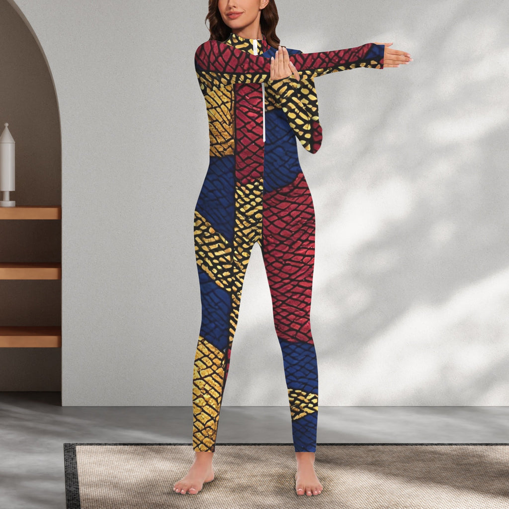 African Print Catsuit | Women's Long Sleeve Jumpsuit | Luxury Bodycon One Piece | Festival Outfit | Statement Fashion | Resort Evening Wear