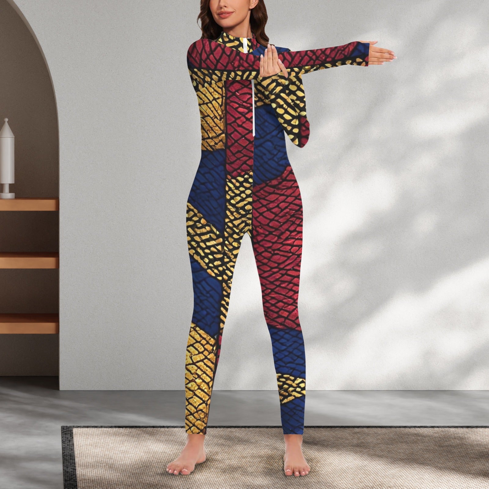 African Print Catsuit | Women's Long Sleeve Jumpsuit | Luxury Bodycon One Piece | Festival Outfit | Statement Fashion | Resort Evening Wear
