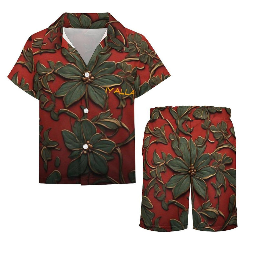 Boys Botanical Shirt & Shorts Set | Red & Green Floral Kids Resort Outfit | Matching Vacation Two Piece | Iyalla Designs
