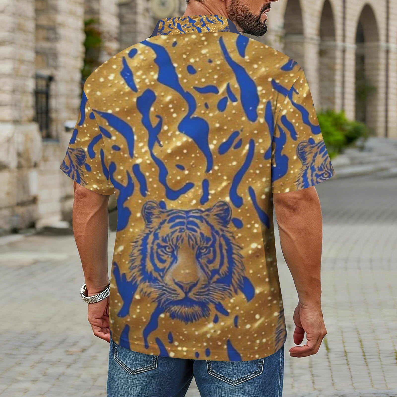 Men's Blue Gold Tiger Polo Shirt | Luxury African Print Golf Shirt | Regal Tiger Graphic Polo for Men | Casual Resort Wear | Statement Streetwear