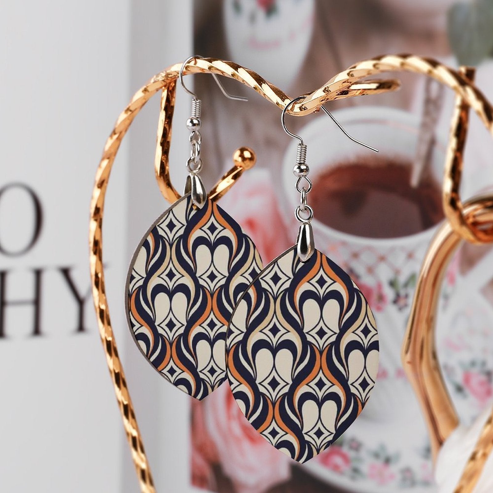 Sahara Navy Cream Teardrop Earrings, African Inspired Statement Earrings, Boho Dangle Earrings, Geometric Women’s Jewelry
