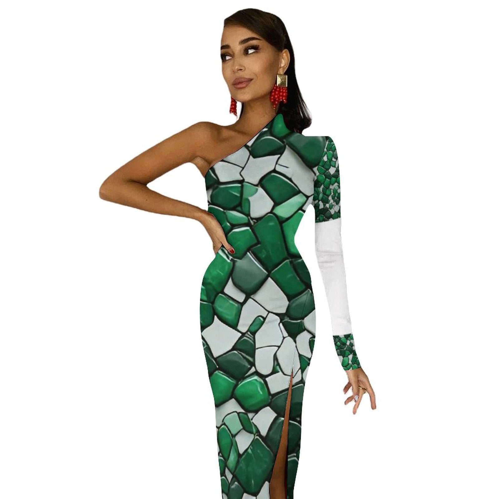 Emerald Mosaic One Shoulder Maxi Dress | Green Luxury Evening Dress | Asymmetrical Slit Dress | Wedding Guest Dress | Elegant Resort Dress for Women