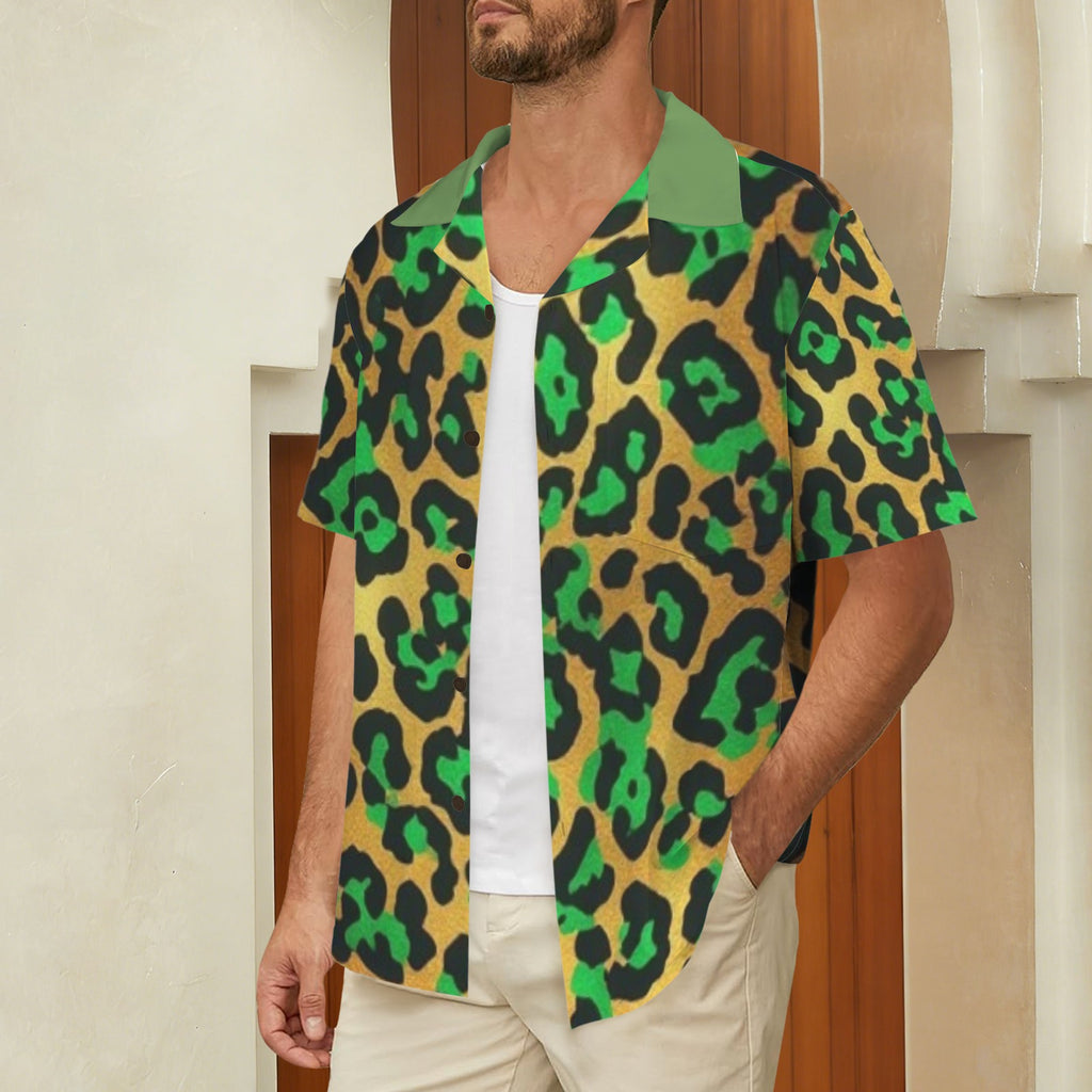 Men's Green Leopard Print Button Down Shirt | Luxury Animal Print Resort Shirt for Men | Tropical Vacation Shirt | Bold Casual Statement Wear