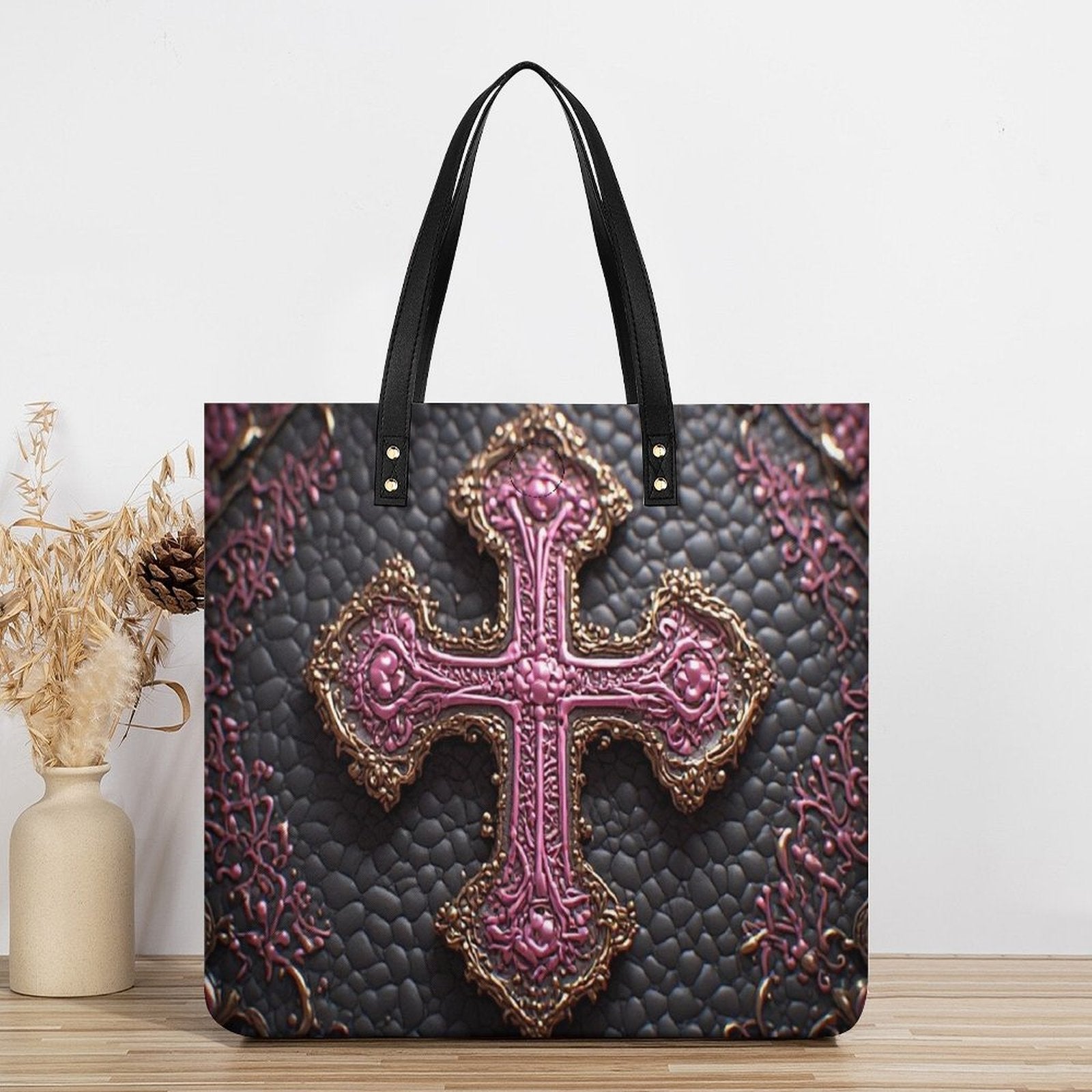 Kerri Luxury Cross Tote Bag | Black Pink & Gold Statement Handbag | Elegant Christian Faith Shoulder Bag | Iyalla Designs