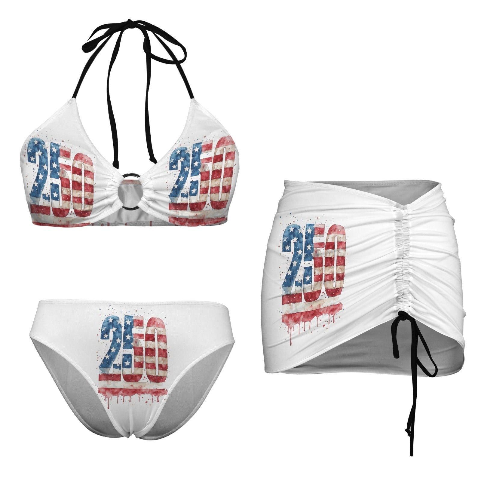 250 Three piece bikini Drawstring Halterneck Three-Piece Swimsuit Skirt