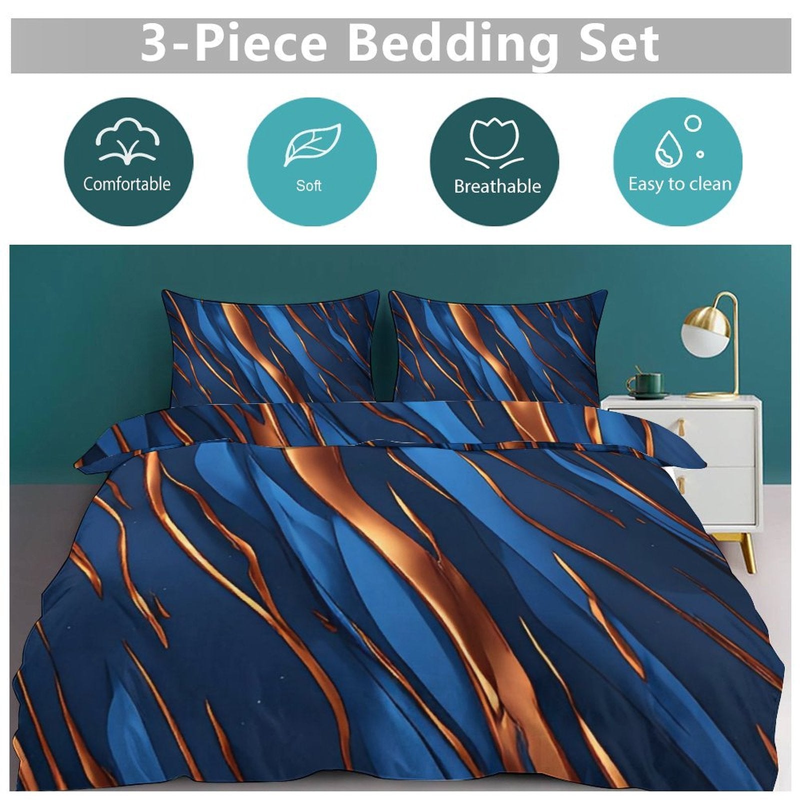 Luxury Blue & Copper Duvet Cover Set | Modern Abstract Bedding | King Queen Twin Comforter Cover | Contemporary Bedroom Decor | Iyalla Designs