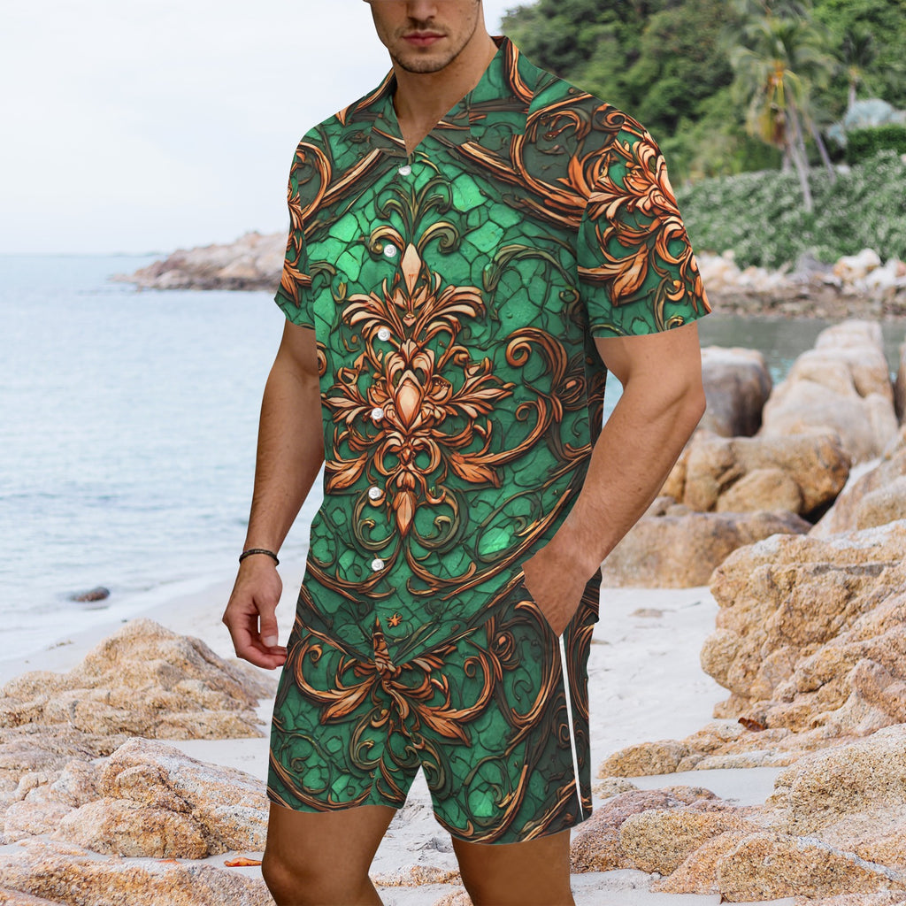 Men's Green Baroque Shirt and Shorts Set | Luxury Resort Matching Set | Tropical Vacation Outfit | Emerald Gold Summer Co-Ord | Black Excellence Style