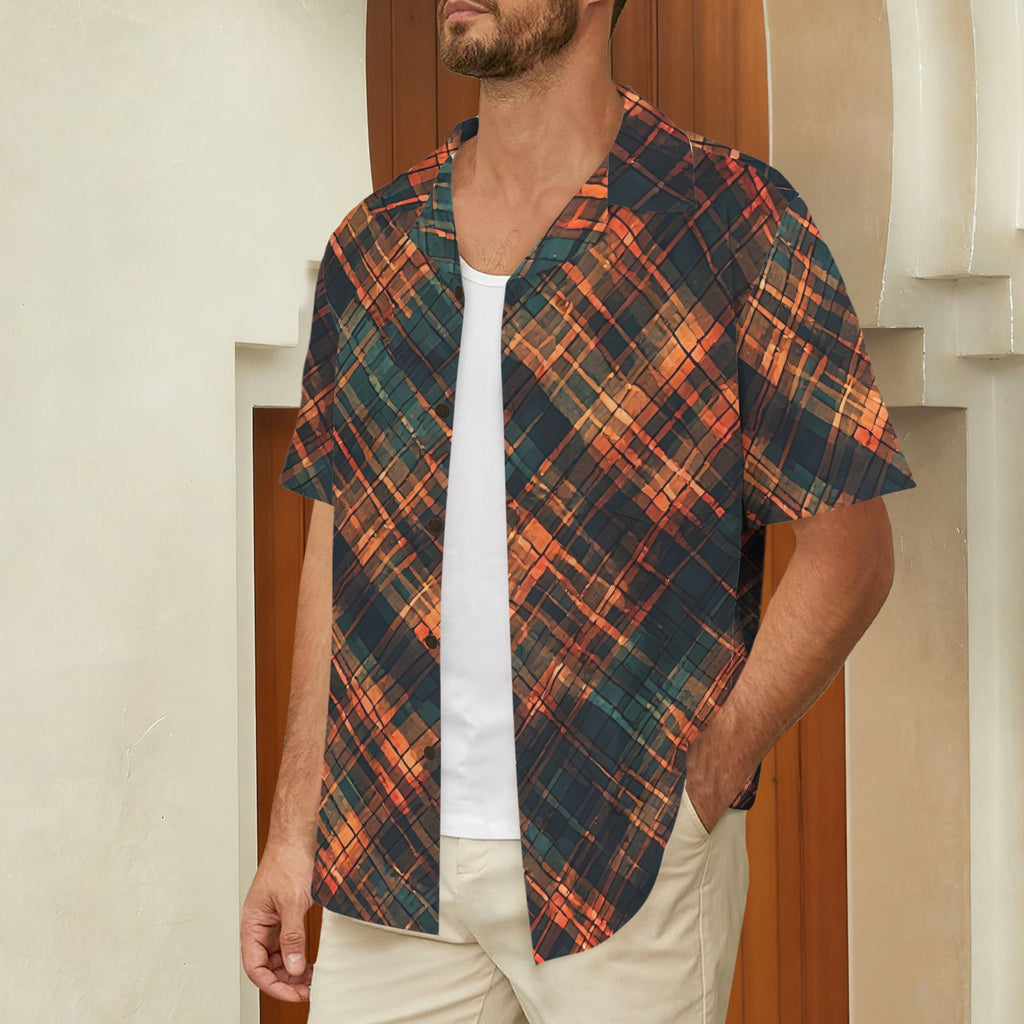 Men’s Abstract Print Button Up Shirt, Teal Burnt Orange Short Sleeve Shirt, Luxury Resort Shirt, Artistic Geometric Vacation Shirt for Men