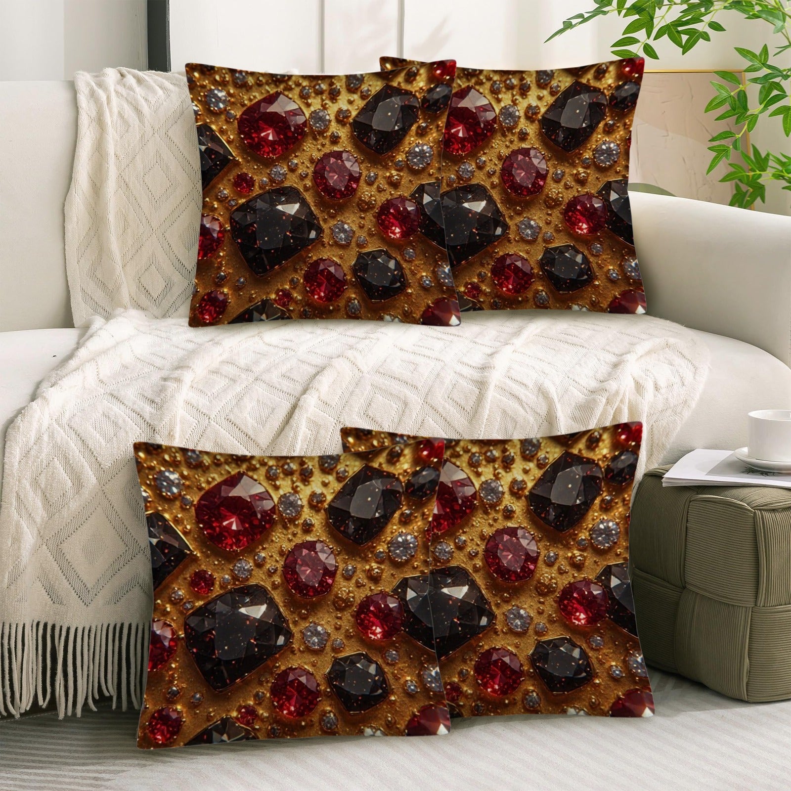 Ruby Royale Luxury Throw Pillow | Ruby and Black Diamond Accent Cushion | Gold Gem Decorative Pillow | Glam Living Room Decor | Luxury Home Accessories