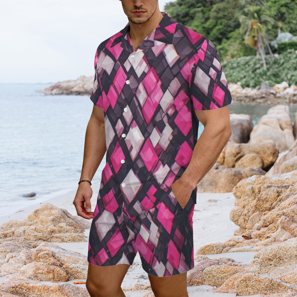 Men's Pink Geometric Matching Set, Tropical Vacation Outfit for Men, Summer Beach Shirt and Shorts Set, Resort Wear Co Ord Set, Cruise Outfit