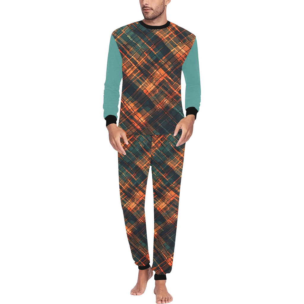 Men’s Abstract Two Piece Set, Teal Burnt Orange Shirt and Pants Outfit, Artistic Geometric Tracksuit, Men’s Travel Streetwear Set