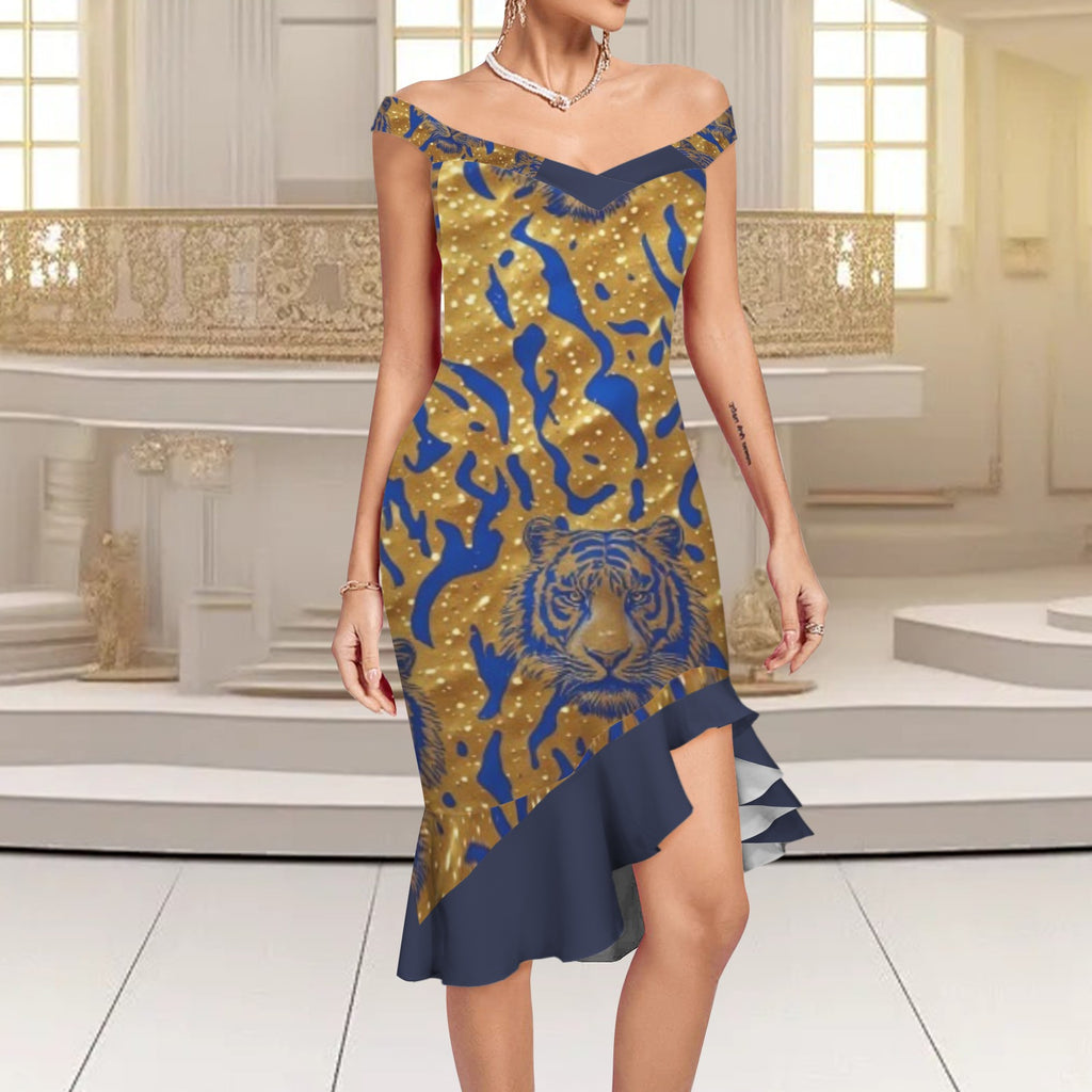 Royal Tiger Off-Shoulder Midi Dress | Blue & Gold Luxury Evening Dres