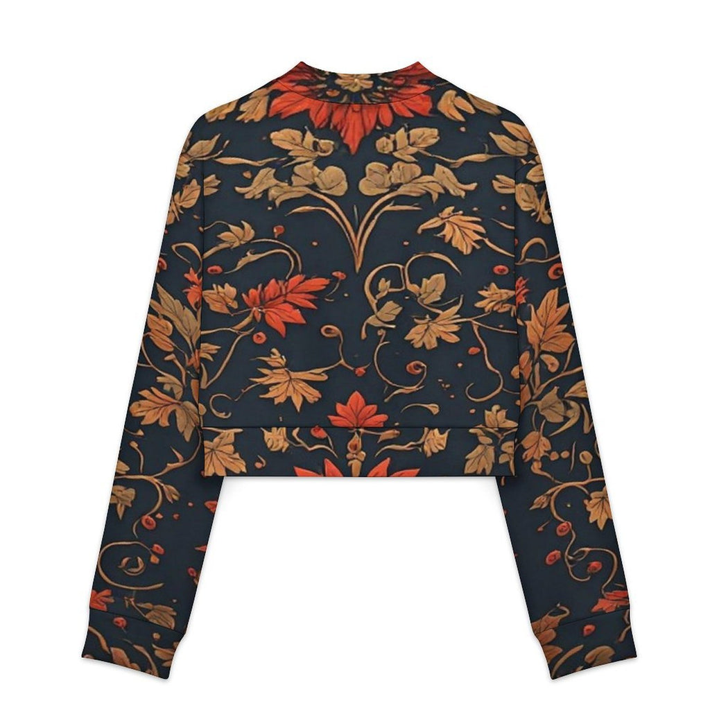 Women’s Floral Cropped Jacket, Navy Red Gold Botanical Bomber Jacket, Autumn Statement Jacket, Women’s Artistic Fall Outerwear