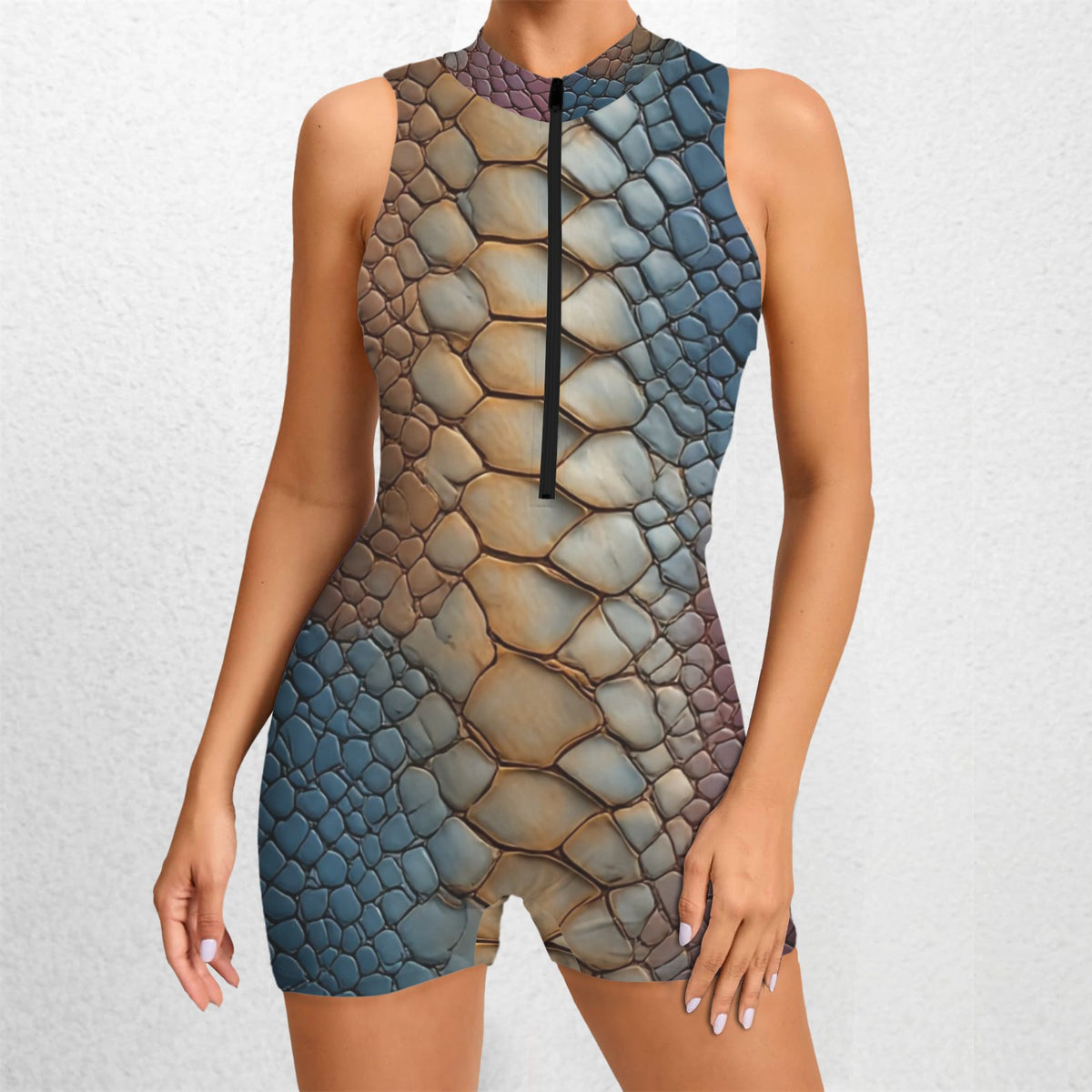 Women's Sleeveless Zip Front Romper, Open Back One Piece Shorts Outfit, Blue Tan Abstract Scale Print, Summer Resort Activewear