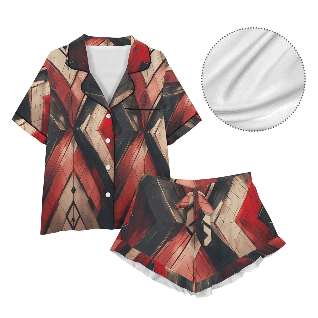 Women's Luxury Pajama Short Set | African Print Sleepwear | Red Gold Lounge Set | Cozy Button Up Pajamas for Women