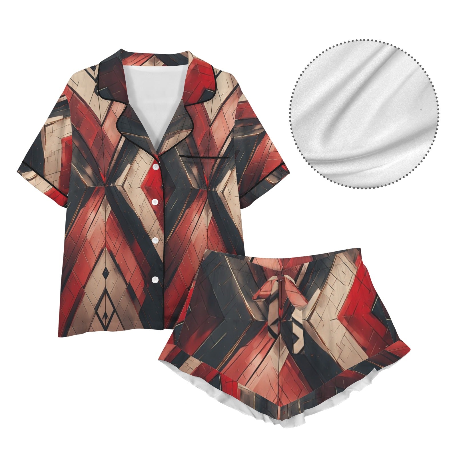 Women's Luxury Pajama Short Set | African Print Sleepwear | Red Gold Lounge Set | Cozy Button Up Pajamas for Women