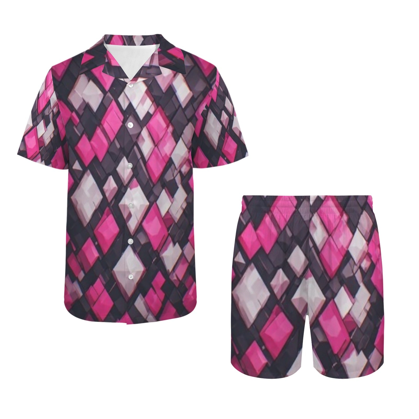 Men's Pink Geometric Matching Set, Tropical Vacation Outfit for Men, Summer Beach Shirt and Shorts Set, Resort Wear Co Ord Set, Cruise Outfit