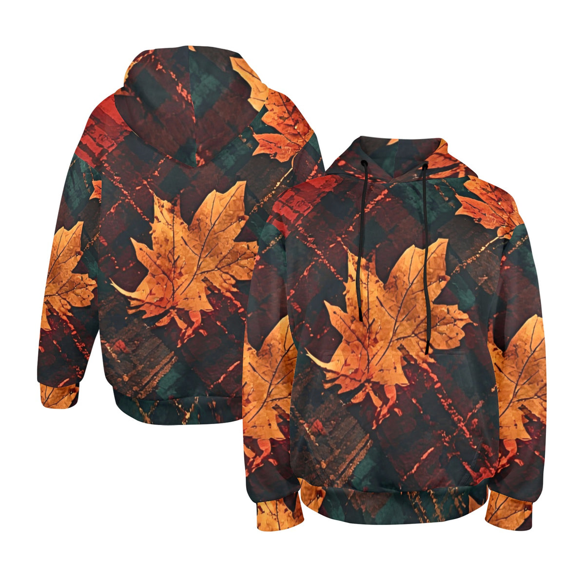 Men’s Fall Leaf Hoodie, Autumn Print Pullover Sweatshirt, Dark Green Orange Hoodie, Artistic Fall Streetwear, Men’s Statement Hoodie