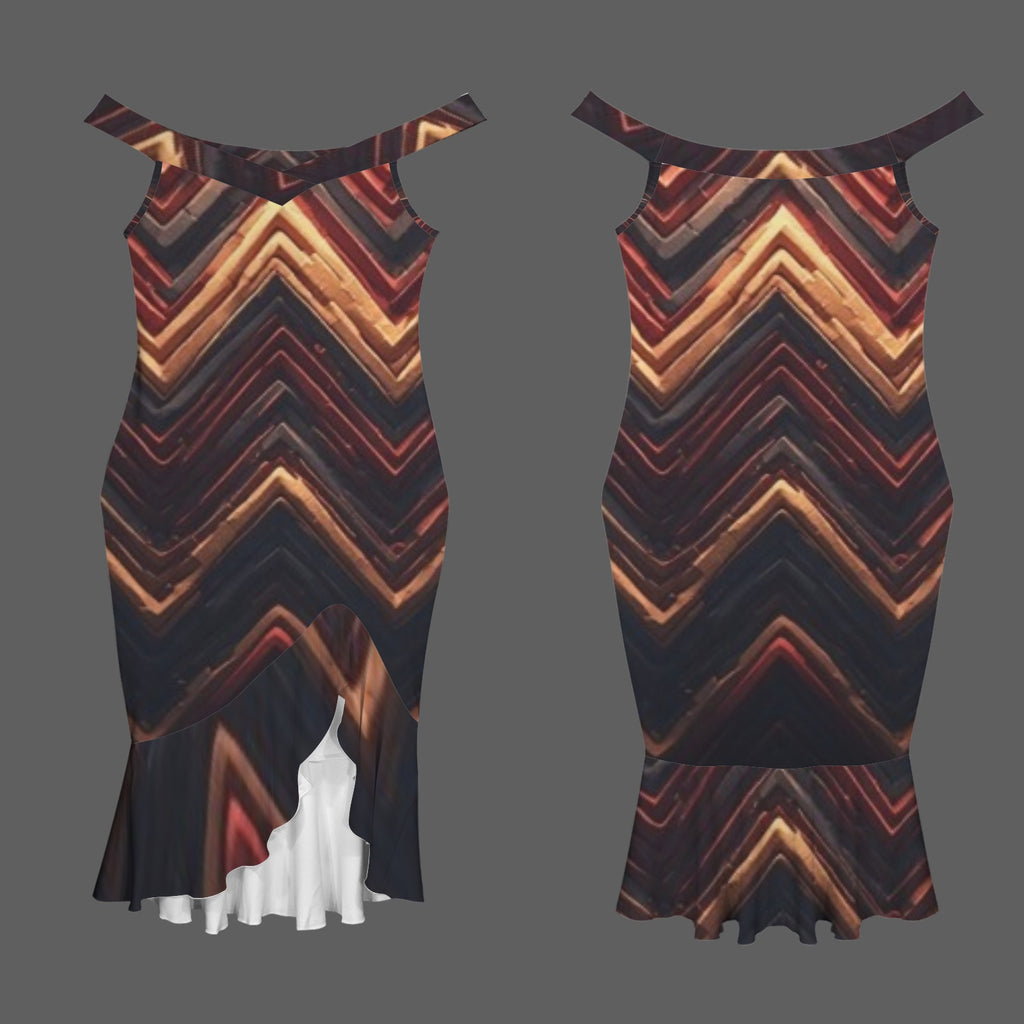 Women's Luxury Chevron High-Low Dress | Off Shoulder Black Gold & Burgundy Midi Dress | Elegant Statement Evening Dress