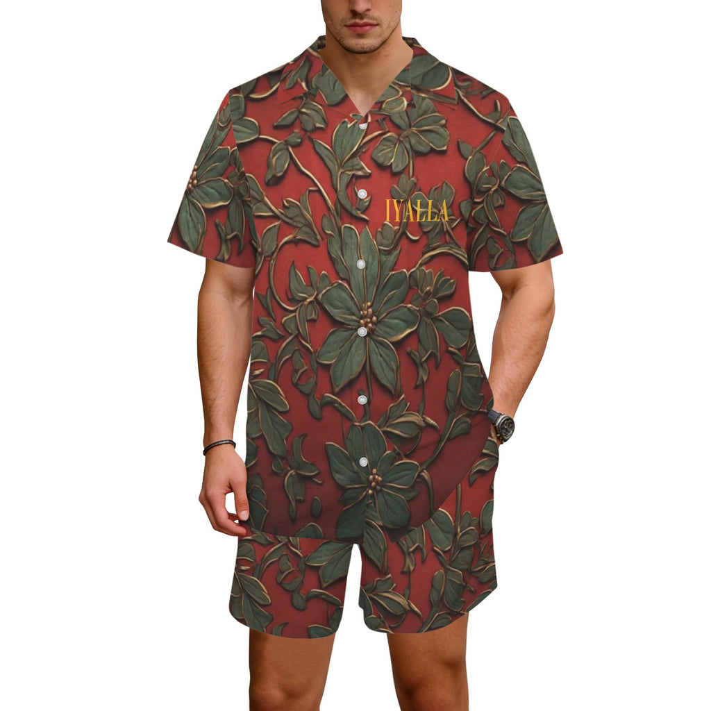 Men's Luxury Botanical Shirt & Shorts Set | Red & Green Floral Resort Outfit | Tropical Vacation Two Piece | Iyalla Designs