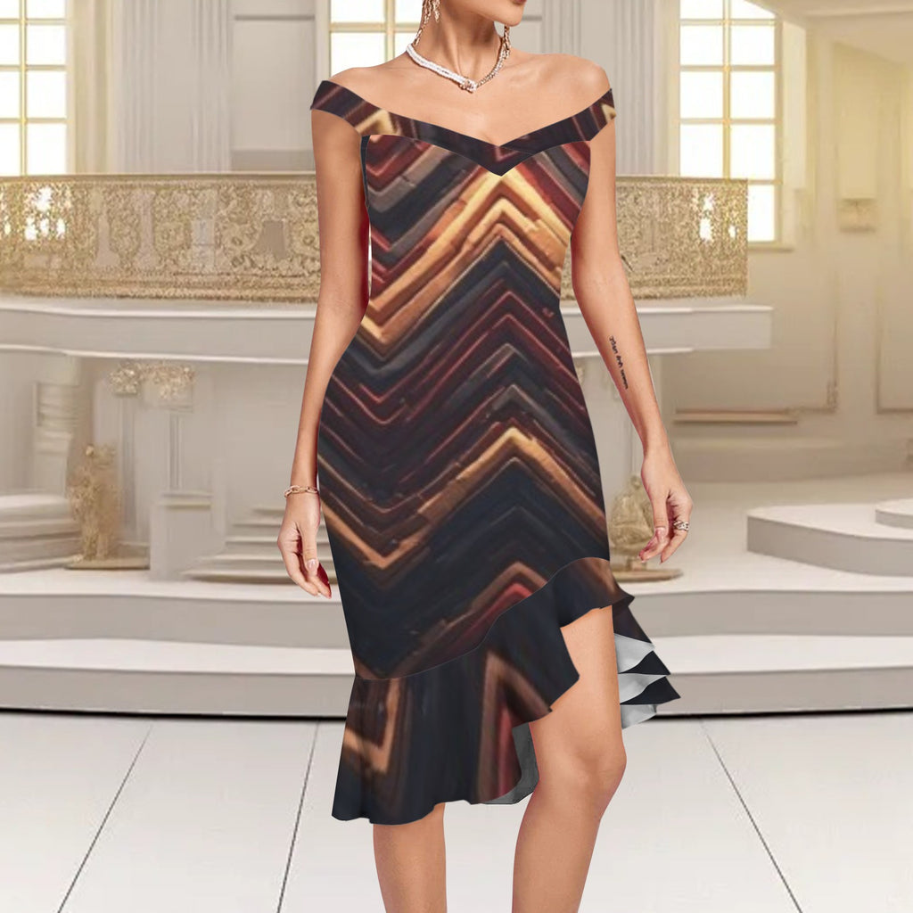 Women's Luxury Chevron High-Low Dress | Off Shoulder Black Gold & Burgundy Midi Dress | Elegant Statement Evening Dress