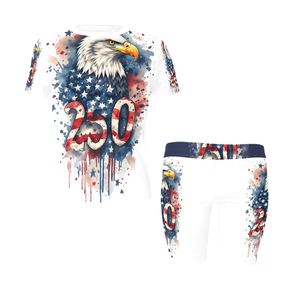 250 Patriotic One Piece Yoga Set | Eagle 1776-2026 Activewear Romper | USA Fourth of July Workout Outfit | Women's Biker Shorts Lounge Set | Independence Day Apparel