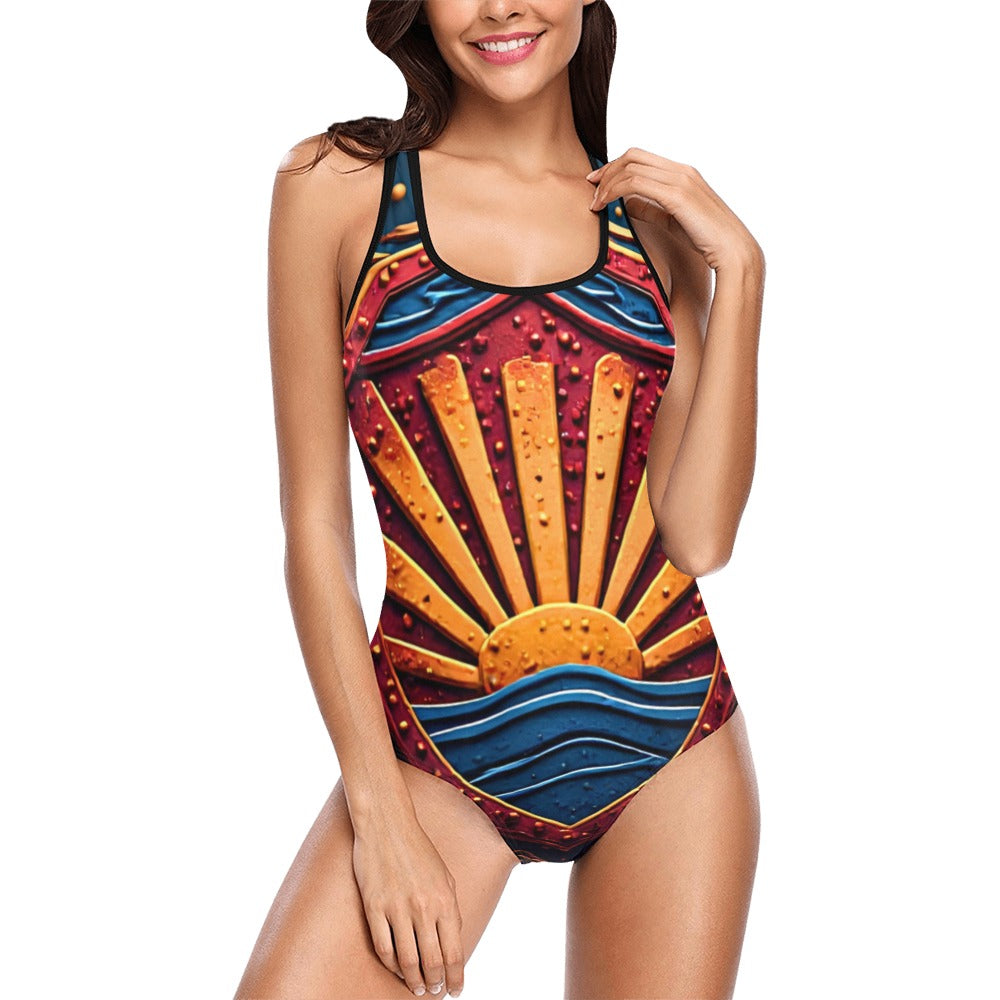 Sunflower One Piece Swimsuit, Tropical Floral Bathing Suit for Women, Sunrise Beach Swimwear, Vacation Resort Swimsuit, Blue Gold Swimwear